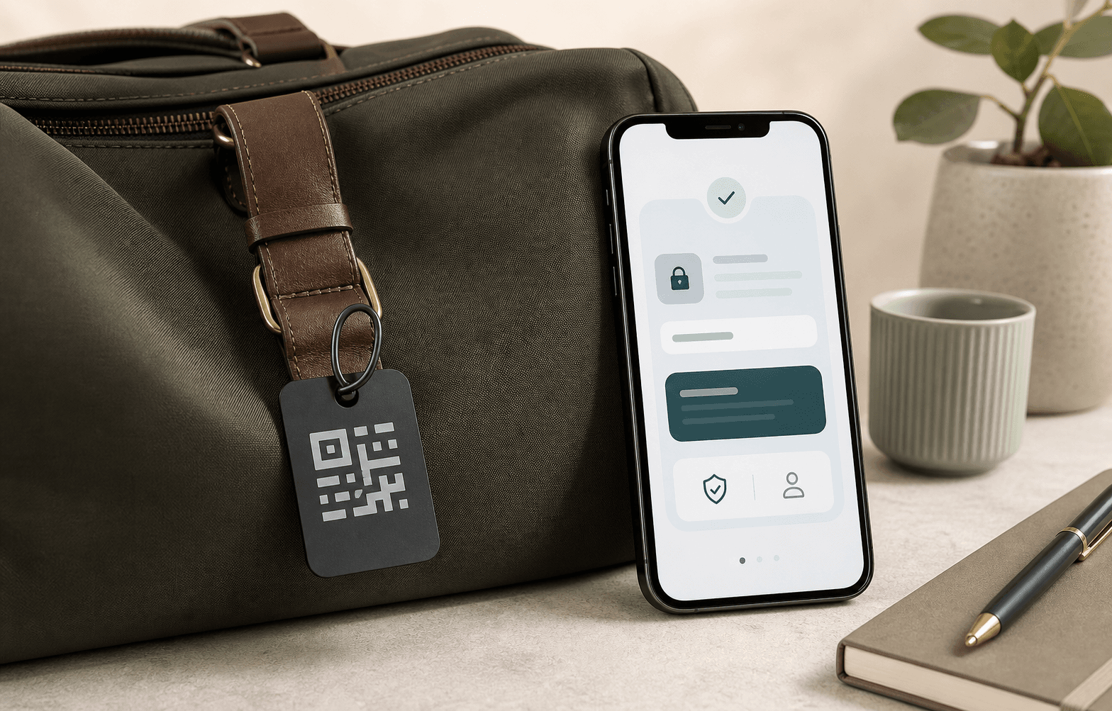 A Backmate recovery tag attached to a bag beside a phone showing a private recovery page